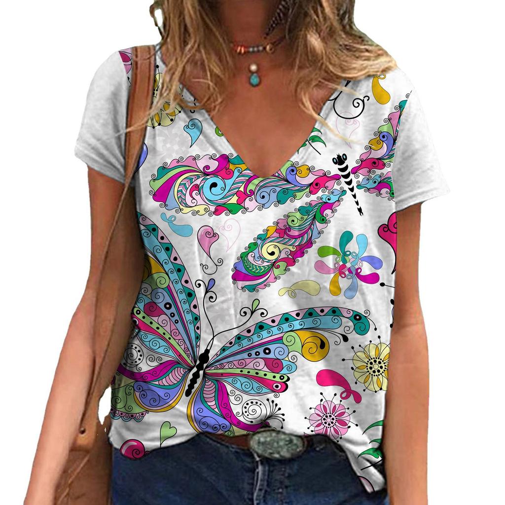 Летняя женская футболка с короткими рукавами и V-образным вырезом в стиле Harajuku с принтом бабочки из полиэстера с 3D-принтом и цифровым принтом