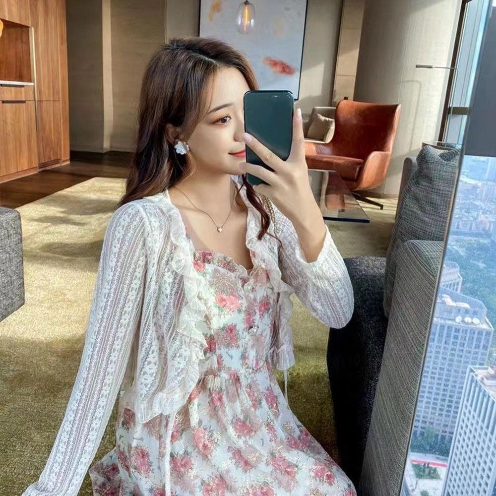 Chiffon Long Sleeves Ruffle Scarves Short Top Coat Lace Cardigan Korean Style Shawl Sunscreen Shawl