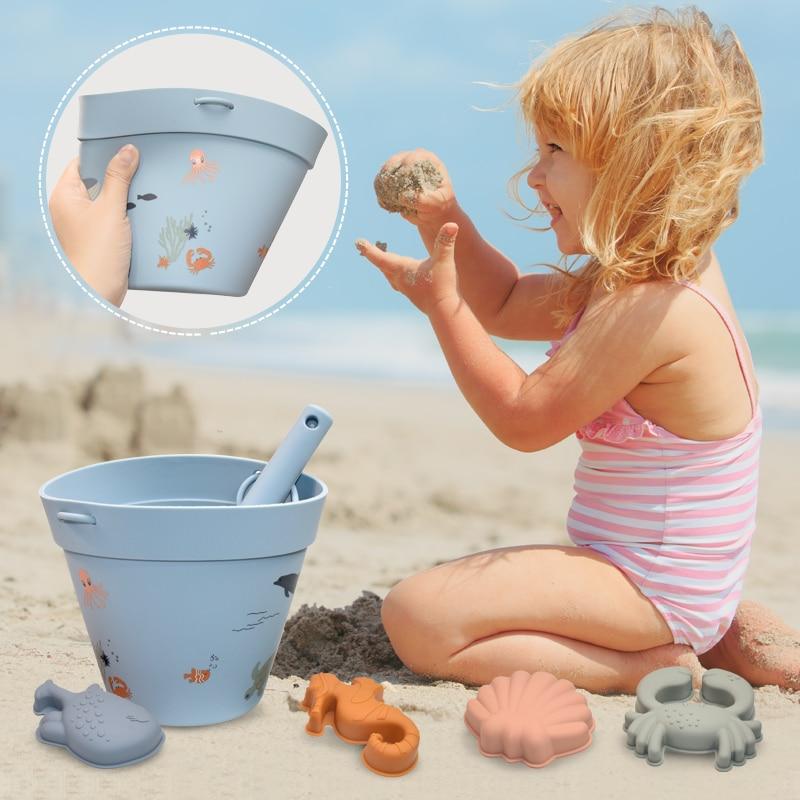 6 шт., силиконовое ведро с песком, набор игрушек, мягкая милая модель животного, мини-лопатки для копания песка, наборы, детские пляжные игрушки для игр с песком и водой