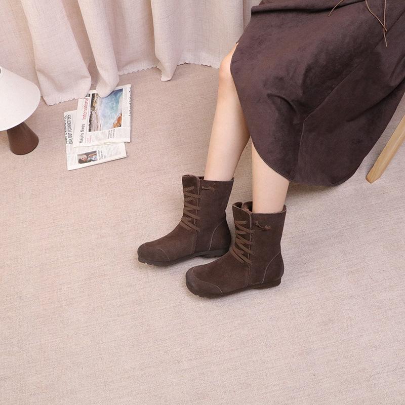 Johnature Плюшевая коровья замша Плюшевые женские полусапоги Ретро шнуровка Теплые на плоской подошве Зимние сапоги