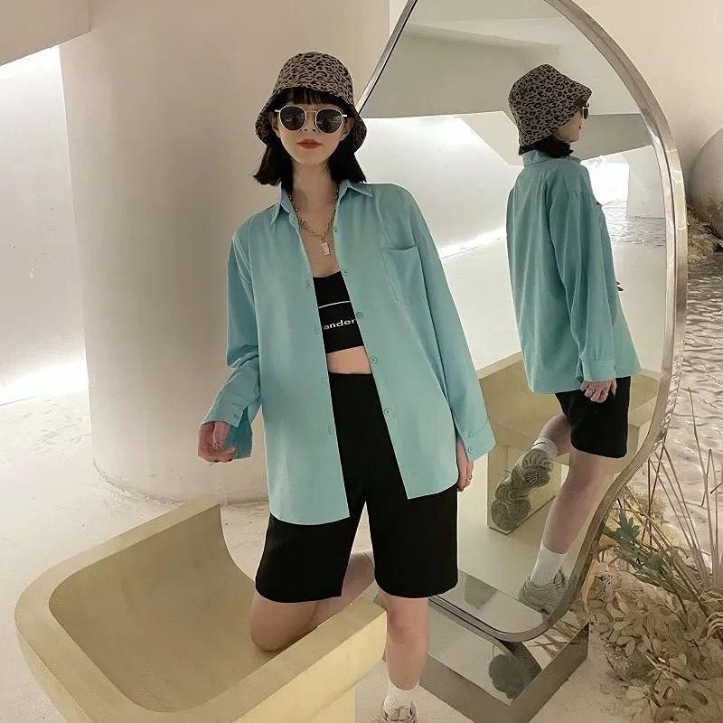 WTEMPO Брендовые студентки с длинными рукавами, свободные солнцезащитные кремы, длинная корейская версия свободной рубашки, модные повседневные женские топы с баской, темпераментные женские топы