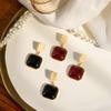 French Retro Burgundy Square Earrings, Light Luxury High Temperament Metal Geometric Earrings For Women