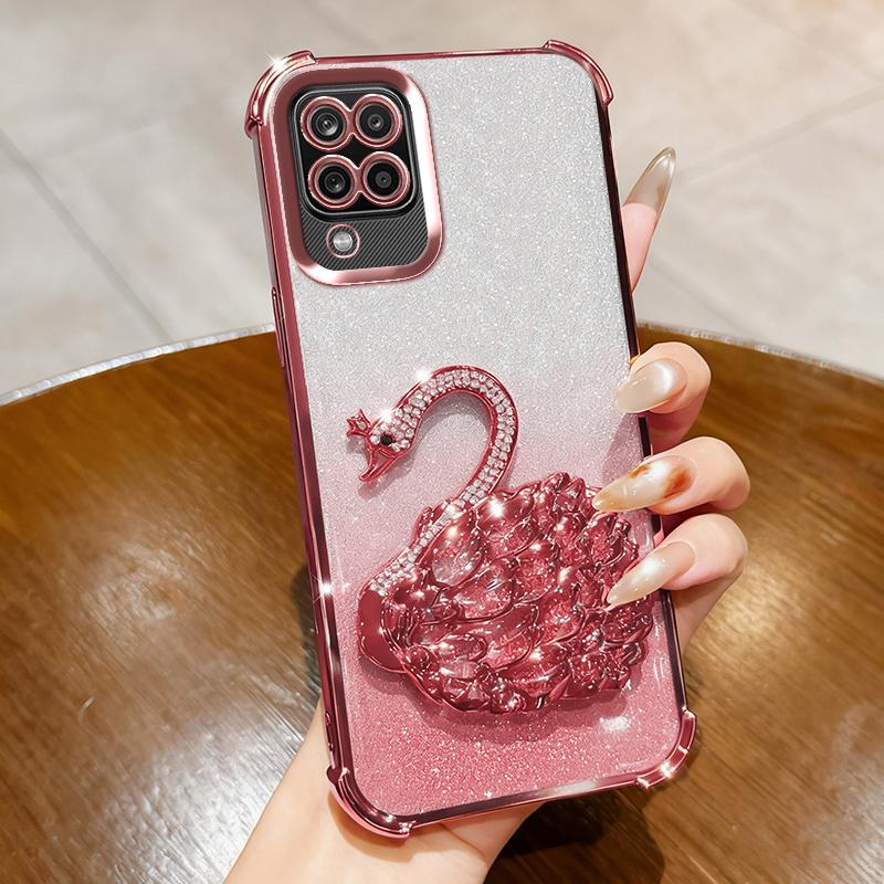KEYSION Ударопрочный чехол с покрытием для Samsung A12 A22 4G, прозрачный, мягкий ТПУ, с блестками, украшенный лебедем, с подставкой, задняя крышка для Galaxy M12