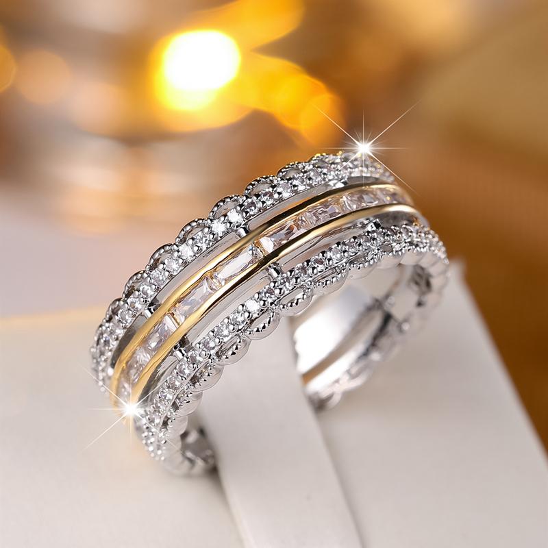 Exquisite Hollow Design Zircon Engagement Rings for Women Elegant Two Tone Style Finger Ring Party Jewelry Accessories