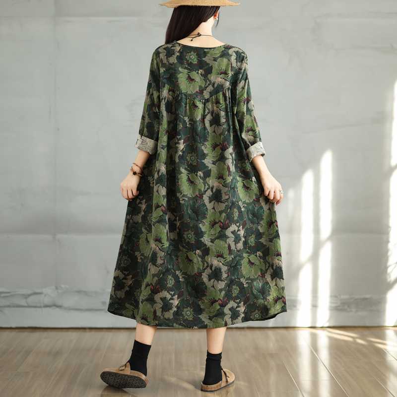 Новое винтажное хлопково-льняное платье с принтом, круглым вырезом и длинными рукавами, женское, свободного кроя, большого размера, тонкое, с простроченной юбкой А-силуэта, женское