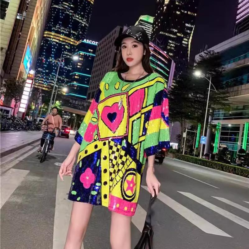 Женская летняя футболка с короткими рукавами, расшитая блестками, рубашка с короткими рукавами, расшитая блестками