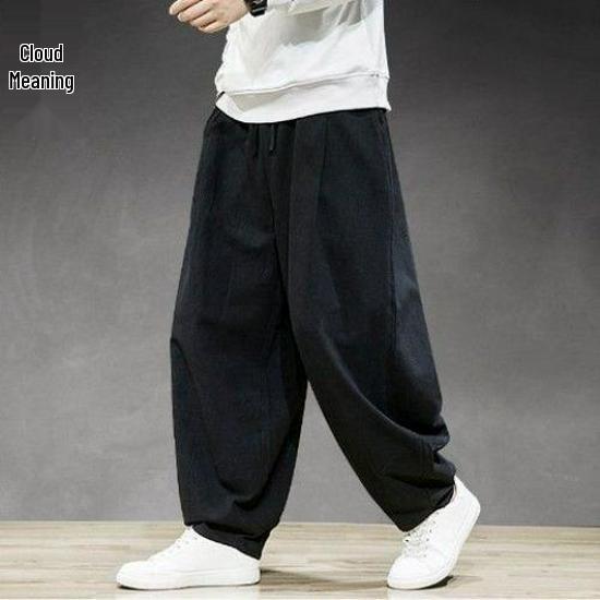 Мужские шаровары большого размера из хлопка и льна с широкими штанинами на весну и лето