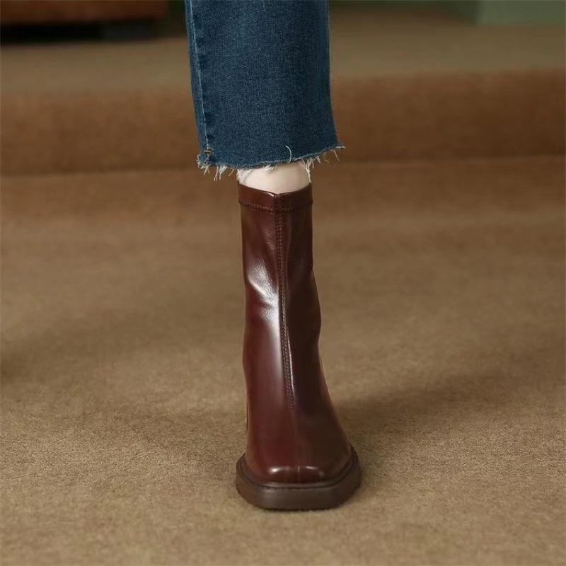 Новые стильные модные женские кожаные туфли модные квадратные носки короткие сапоги для женщин толстые каблуки сапоги высокие каблуки Zapatos Mujer