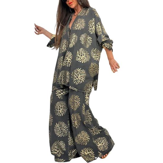Женские костюмы-двойки с крупным принтом, рубашка на пуговицах с длинным рукавом, брюки с широкими штанинами на резинке, повседневный костюм для отдыха