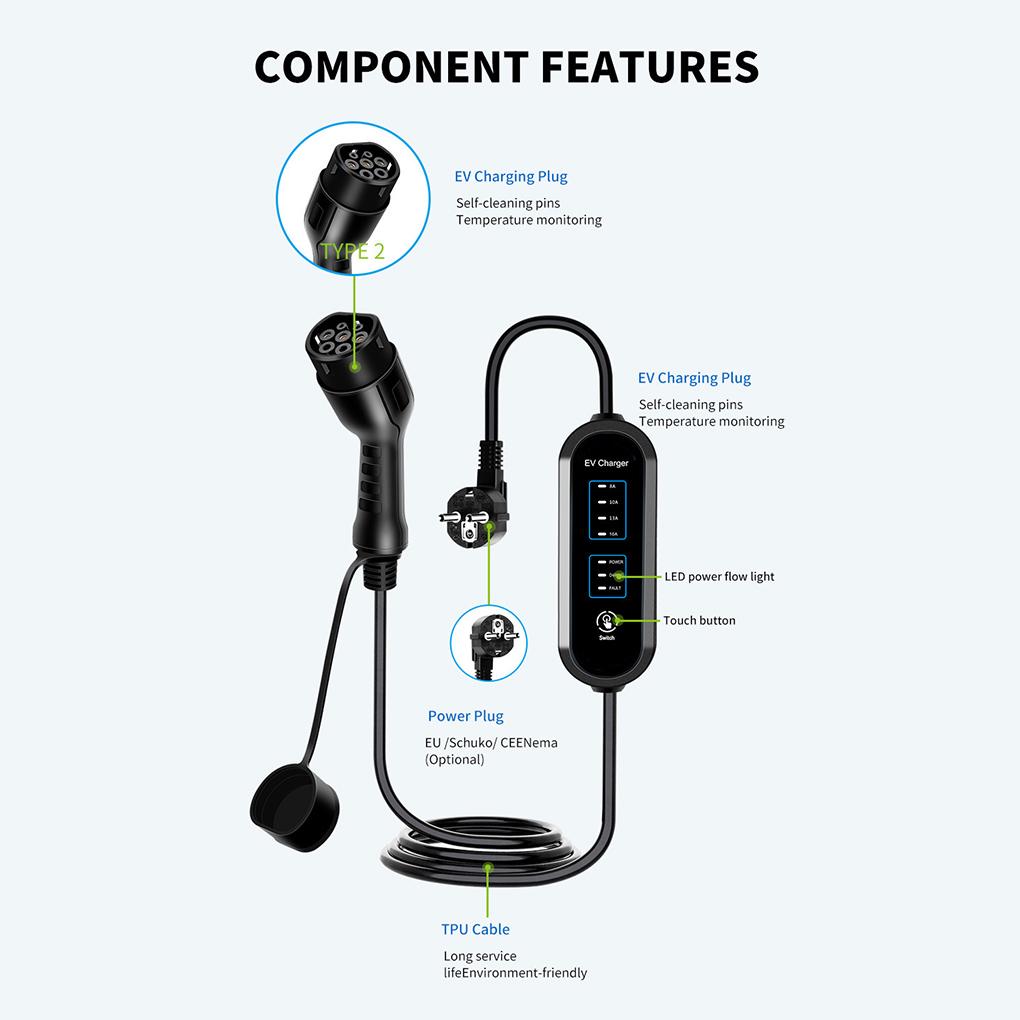 Зарядное устройство для электромобиля Тип 2 16A 3.5kW Кабель для зарядки электромобиля Тип 1 Wallbox для электромобиля 8/10/13/16 Amp Регулируемый