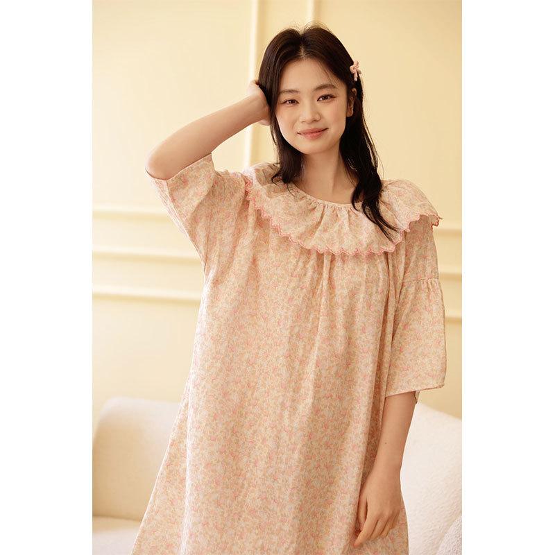 11-Year summer women's cotton gauze medium and long lotus leaf collar embroidery romantic pink flower print short-sleeved nightdress