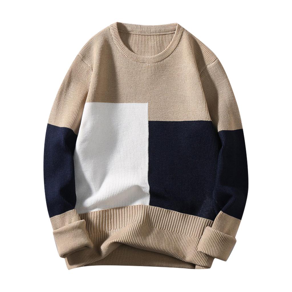 Fashion Casual Long Sleeve Color Contrast Round Neck Men'S Sweater Loose Pullover