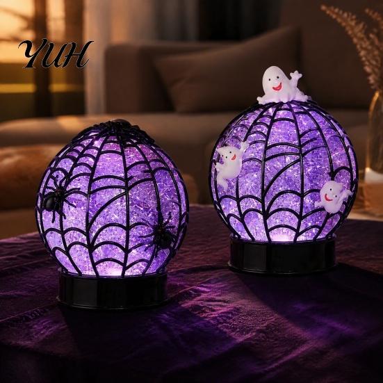 Halloween Night Light Ghost Glitter Ball Lamp, Glowing Spiderweb Faux Crystal Sphere Light, Lamp Purple Glow Spider for Holiday Party Table Decoration