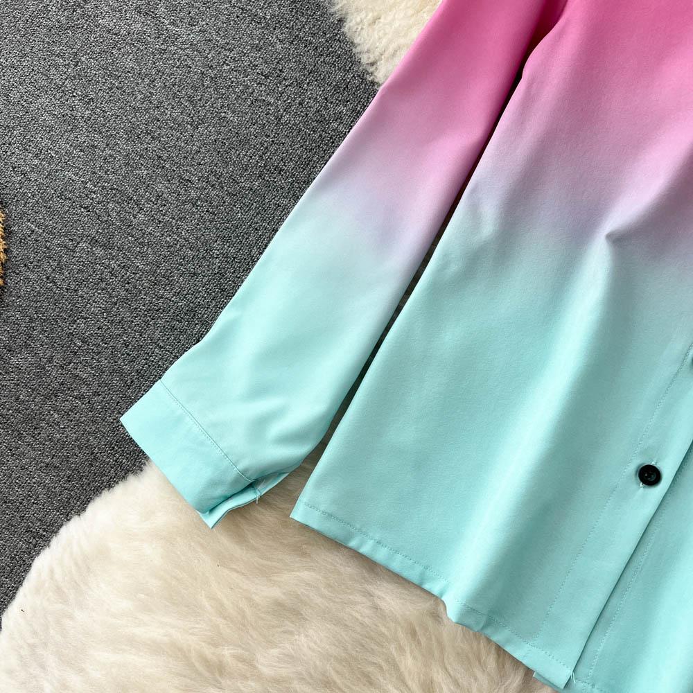 RUGOD Европейская и американская мода подходит женским градиентным рубашкам с длинными рукавами, женским повседневным прямым широким брюкам