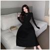 Vintage Long Black Red Dresses Autumn Winter Long Sleeve Knitted Dress Franch Style Elegant Women A-Line Basic Vestidos