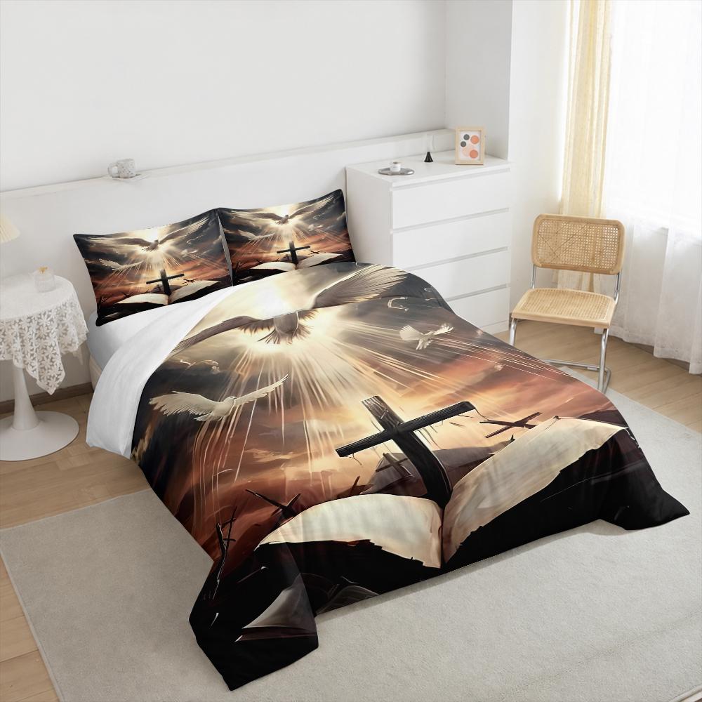 Christian Dove Cross Bible Bedding set (1 duvet cover, 2 pillowcases, duvet not included), Religious Faith Light Art Print