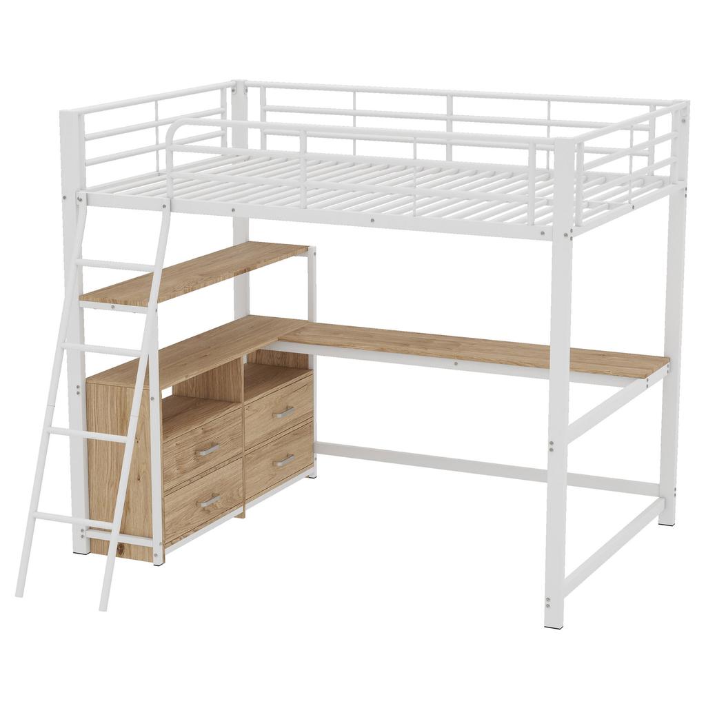 Loft Bed, 140*200cm, Iron Frame Bed, Practical Drawers, Stylish L-shaped Desk, Laminate Design, Without Mattress, White