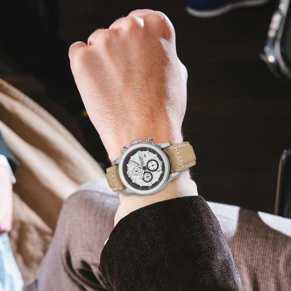 Megir Модные спортивные часы, мужские роскошные брендовые мужские кварцевые часы с хронографом, кожаный ремешок, армейские военные наручные часы 2026