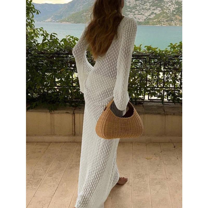 Trendix вязаное крючком платье-накидка для женщин белое полое длинное рукав макси платья для отпуска V-образный вырез спинка пляжное платье Femme