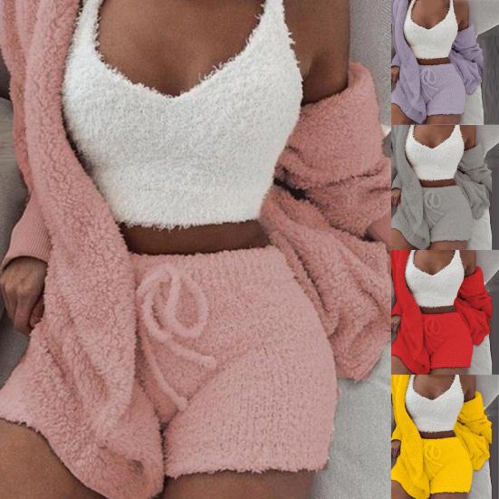 Winter Women Plush Sexy V-Neck Vest Shorts Long Sleeve Jacket Coat Set