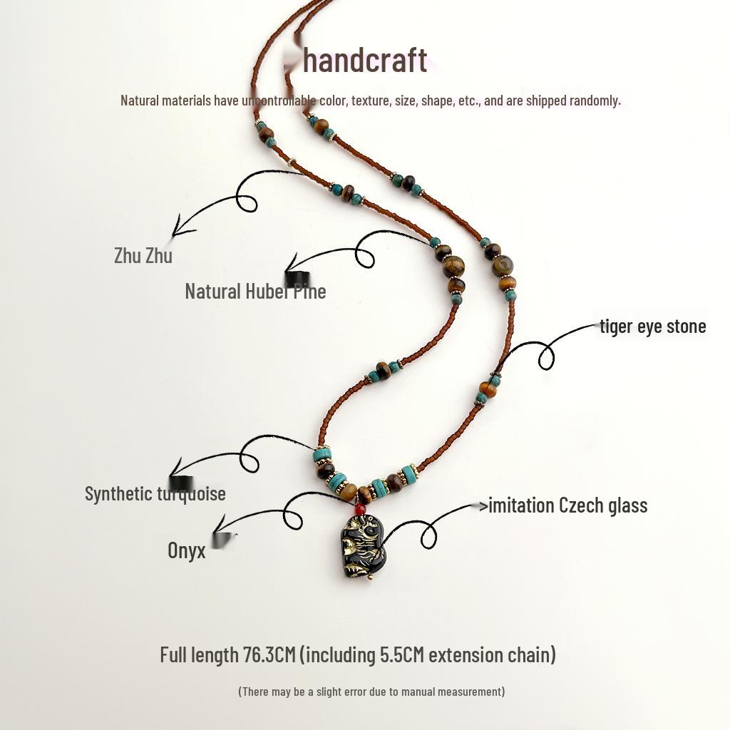 Ожерелье из бусин ручной работы из тигрового глаза и чешского стекла: Этнический стиль, Художественная цепочка для свитера для женщин