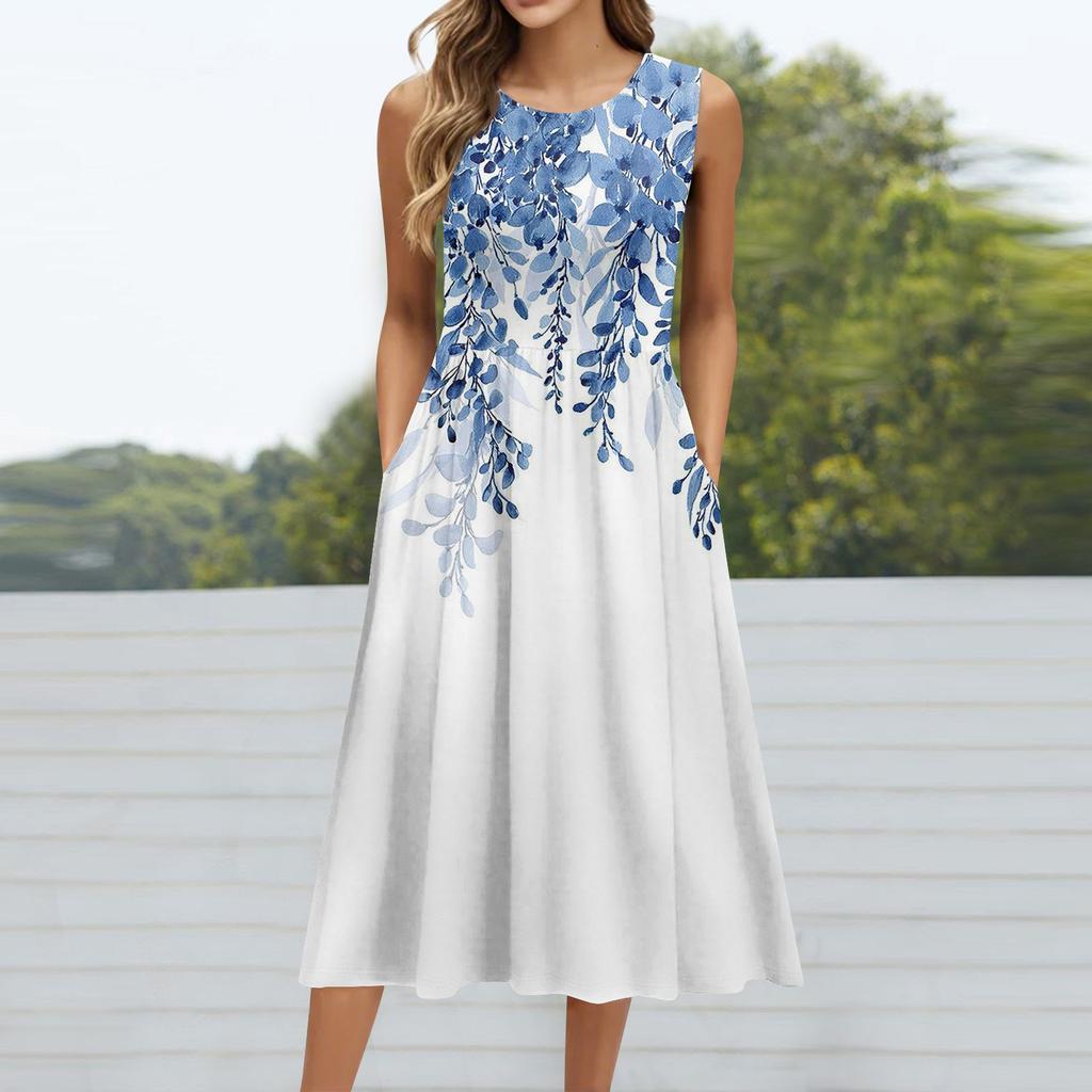 Женское модное платье средней длины с круглым вырезом и принтом без рукавов