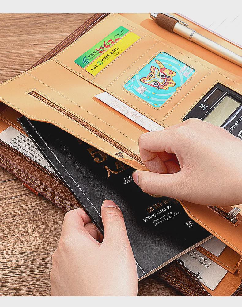 Кожаная папка для деловых бумаг формата А4 с калькулятором — портативная, многофункциональная папка на молнии для встреч с клиентами и проведения деловых операций