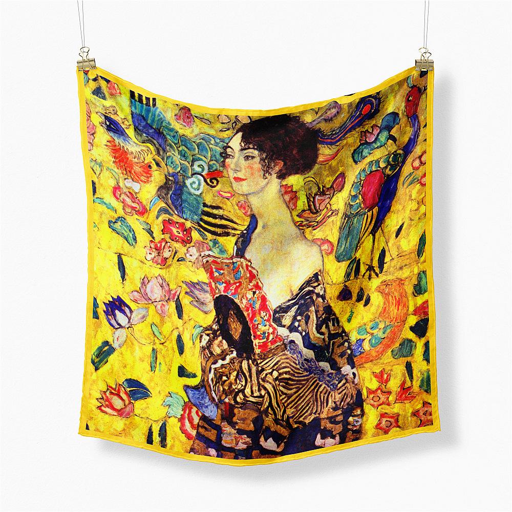 Famous Oil Painting Twill 100% Silk Scarf Fashion Bandana Women Scarf Wraps 53cm Square Scarves Hijab Head Scarf Neckerchief