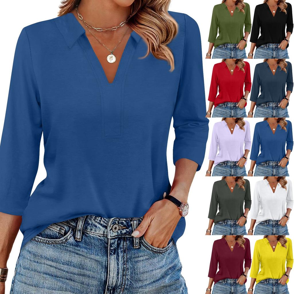 Women's Fashion Casual Lapel Short 3/4 Sleeve Solid Color Shirt Women's V-Neck Tops