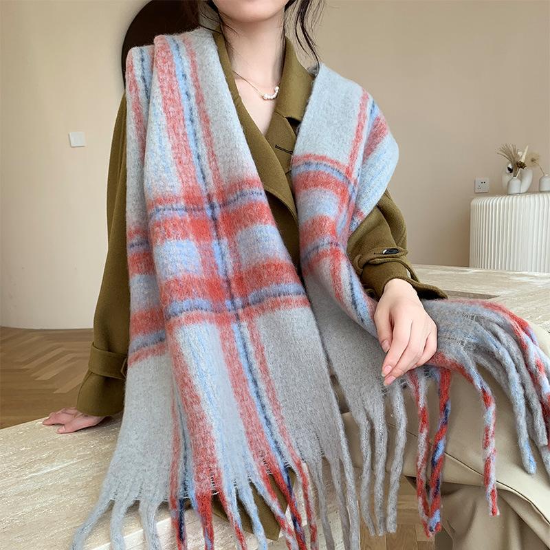 Winter New Scarf Women's Winter Thickened Warm Scarf Colored Plaid Fringed Scarf Shawl Fashionable Outer Cover
