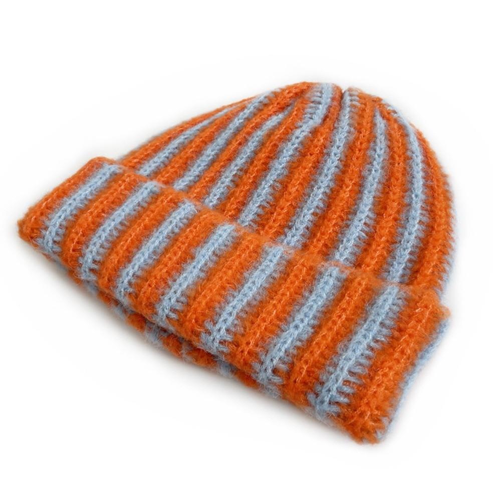 Color Blocked Ribbed Knit Cap Thick Warm Hat Brimless Striped Beanie Hat Outdoor