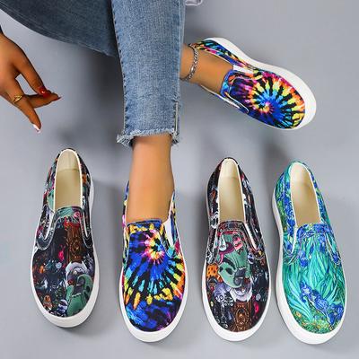 Женские мокасины Graffiti Flat Shoes Женские летние вулканизированные туфли Повседневные прогулочные туфли Мокасины из парусины без застежек для женщин
