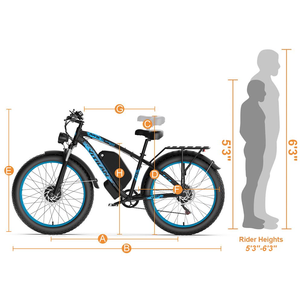 Electric Bicycle Adult Vitilan H5 1000Wx2 Motor LCD Display 52V 25AH Shimano 7 Speed All Terrain Ebike Max Load 150Kg Blue