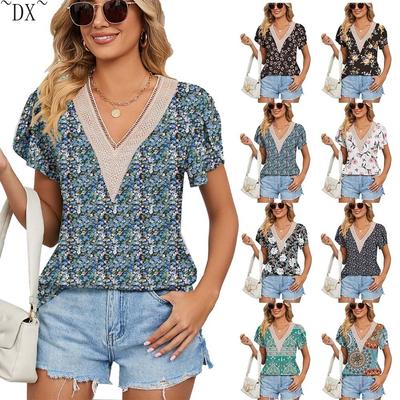 DX~~ футболка из вискозы с V-образным вырезом и принтом в виде лепестков, рукавами и свободным верхом