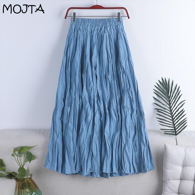 MOJTA Women's Mid-length Skirt Spring Summer Elastic High Pleated Waist Skirt A-line Skirt