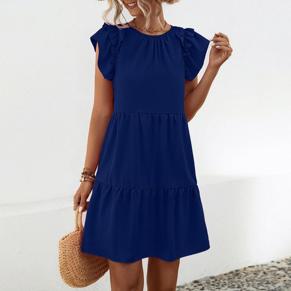 Женское повседневное модное сексуальное универсальное элегантное однотонное платье с круглым вырезом