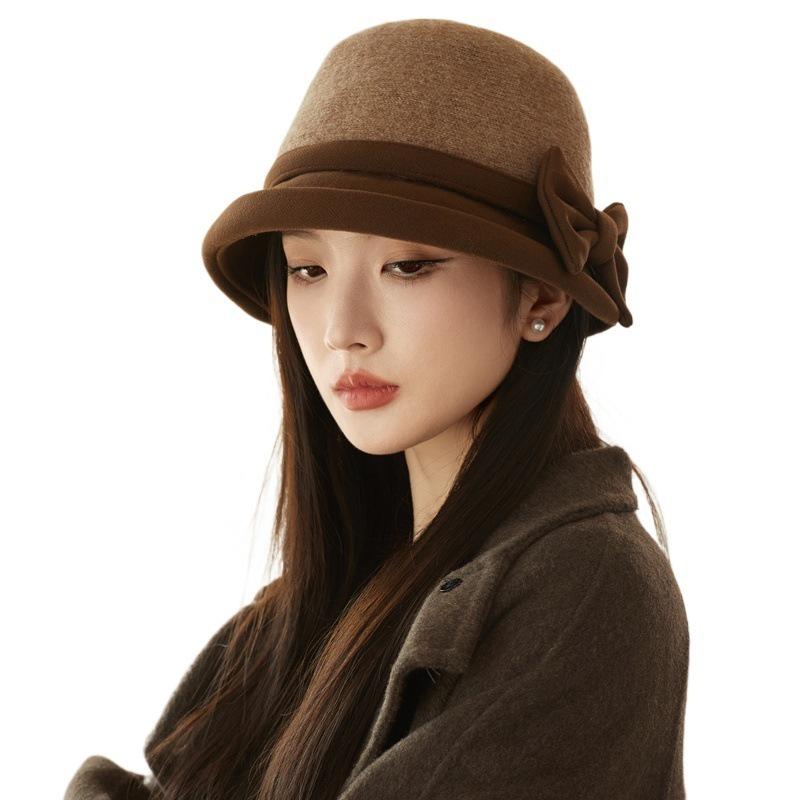Женская шляпа-рыбак из шерстяного фетра: Осень/Зима Французский Ретро Стиль Хепберн с Бантом