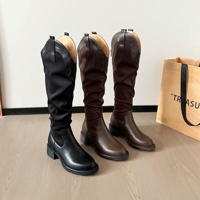 Флис, но до колена, с V-образным вырезом, высокие сапоги, американские ретро ковбойские сапоги в западном стиле, женские осенние на толстом каблуке, прямые сапоги-рыцари