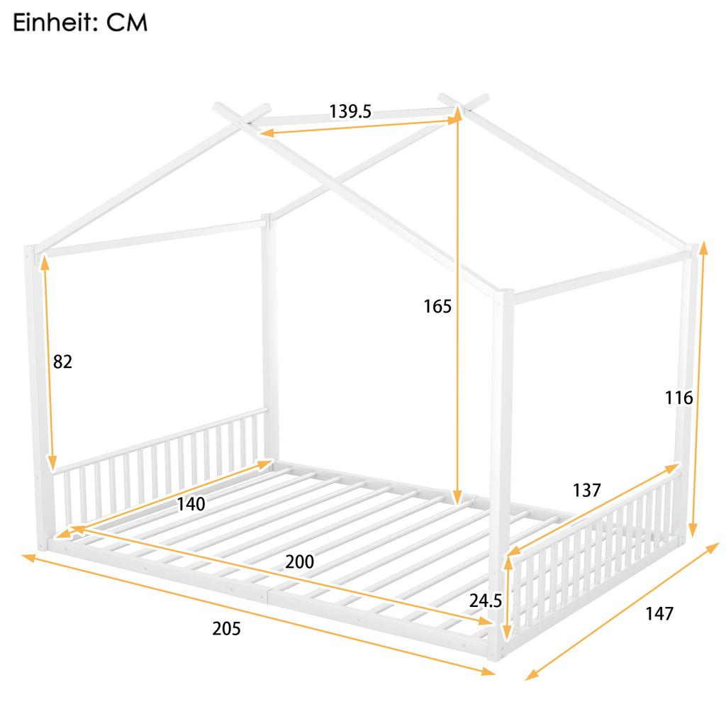 Upholstered Bed, 140 x 200cm, Without Mattress, Iron Frame Bed, Children's Bed, House Strip, White
