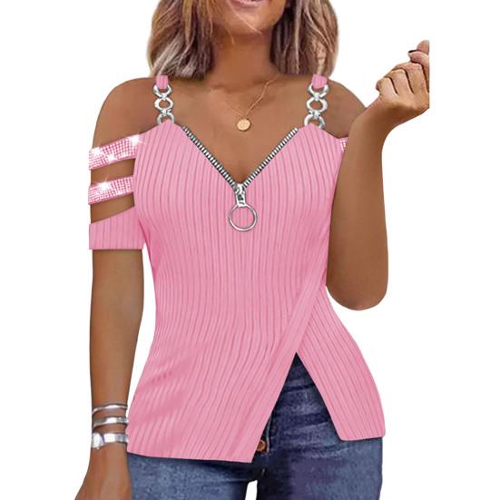 Women's Tops V-Neck Zip Detail Split Hem Elegant Trendy Minimalistic Sequin Chain Accent Blouse Summer Accessories