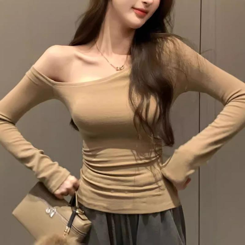 Нежный ветер косое плечо с длинным рукавом базовая рубашка ранняя весна приталенная рубашка чистого желания красивая плиссированная талия топ