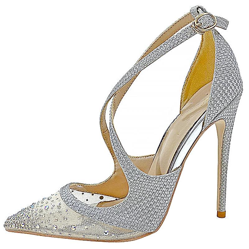 Fashionable New Silver Colored Diamond Mesh High Heels, Women's Thin Heeled Pointed Shoes, Cross Strap Sandals