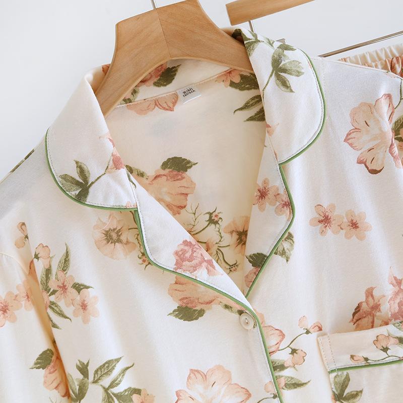 2026 Новый весенне-осенний женский комплект пижамы 100% хлопок Вязаный с длинным рукавом Двух peças Свободный с принтом Домашняя одежда Женская