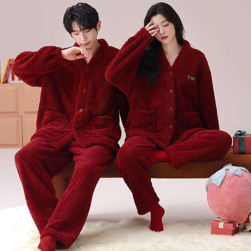 Red Pajamas Women'S Autumn And Winter Flannel Coral Fleece Pajamas Men'S Festive Wedding Couple New Set