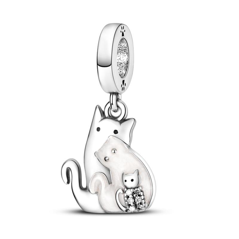 925 Sterling Copper Cat and Dog Series Best Friend Pendant Fit 4MM Hole Diamete Bracelet Charms Bead Necklace DIY Female Zircon