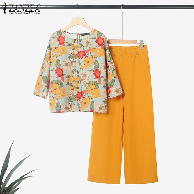 ZANZEA Женский повседневный костюм из двух частей с принтом и блузкой с рукавом 3/4 и брюками