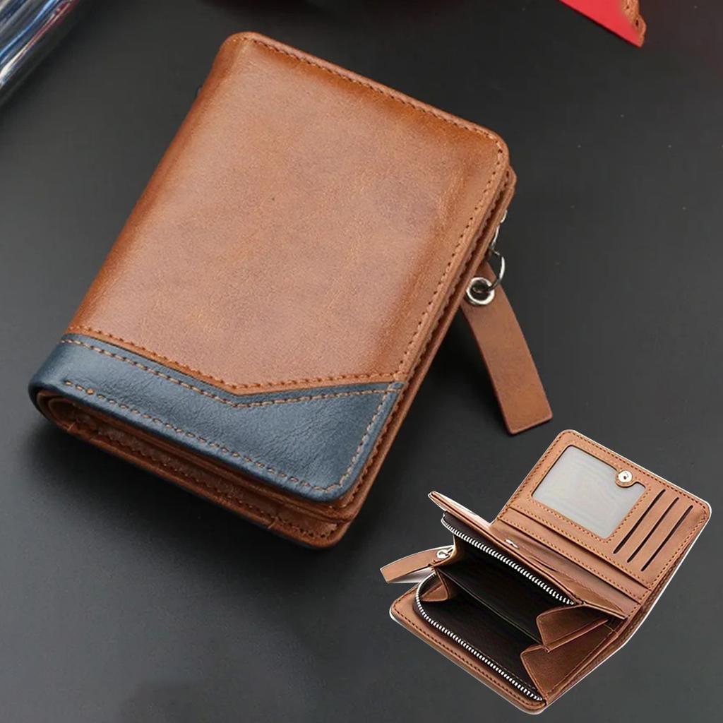 New Men's PU Leather Short Wallet With Zipper Coin Pocket Vintage Big Capacity Male Short Money Purse Card Holder
