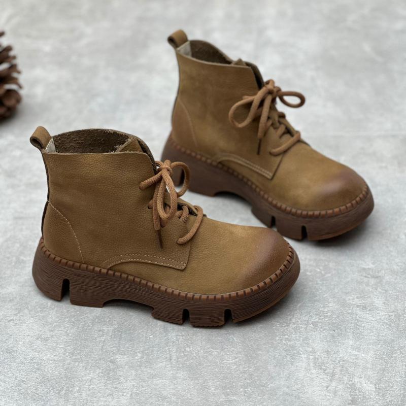 Johnature Vintage Handmade Genuine Leather Thick Sole Short Boots Round Toe Lace Up Cowhide Women's Shoes