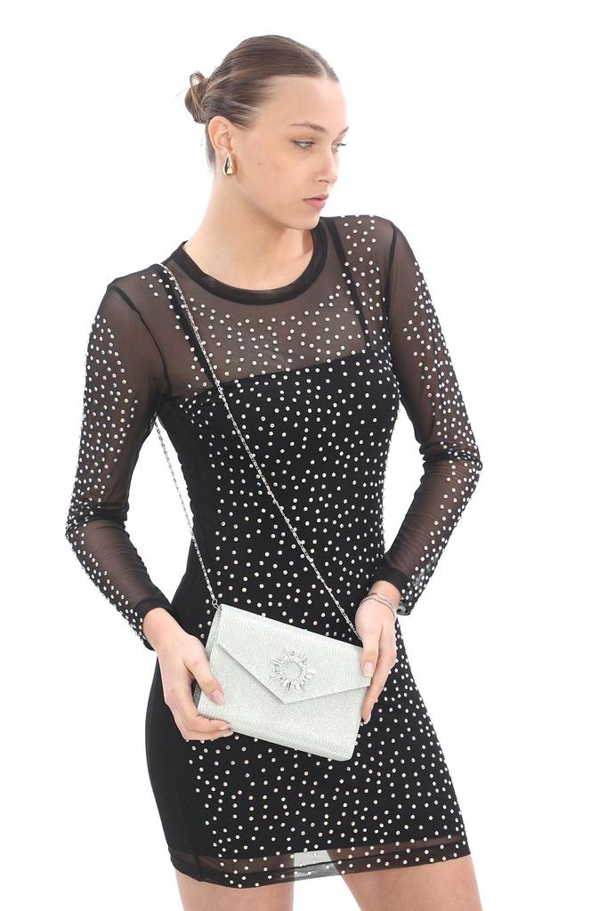 Women's Sea Bream Material Stone Accessory Magnetic Envelope Cover Usable Evening Dress Bag with Shoulder Strap