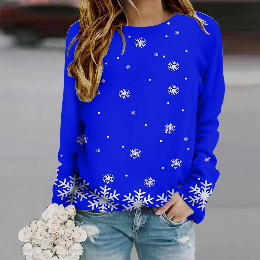 Tops For Women Dotted Snowflakes Print Round Neck Long Sleeve T-shirt Fall Casual Slim Pullover Women's Long Sleeve Top